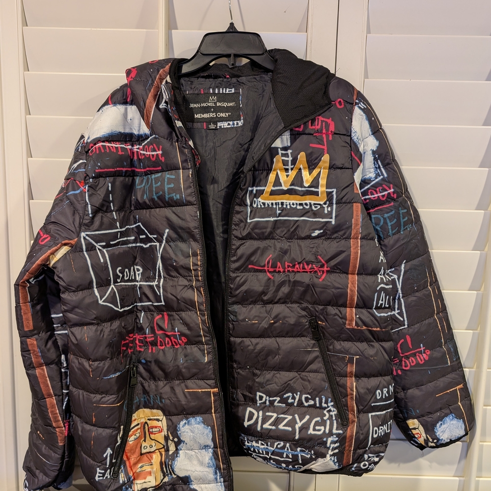 Members Only NWT Jean-Michael Basquiat Black Multi Graffiti Puffer Jacket